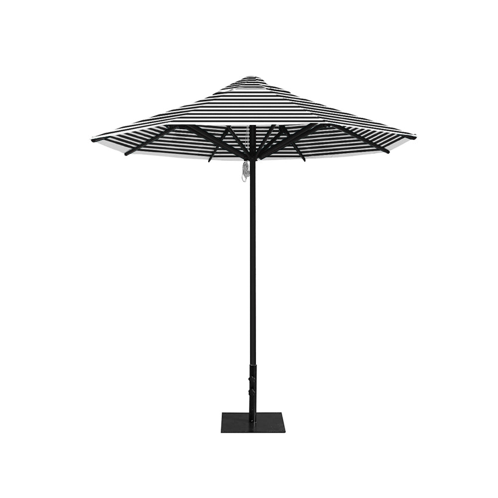 8' Saville octagonal outdoor umbrella from Extreme Canopy with black stripe canopy, durable black frame, and 26 lb steel base for stability.