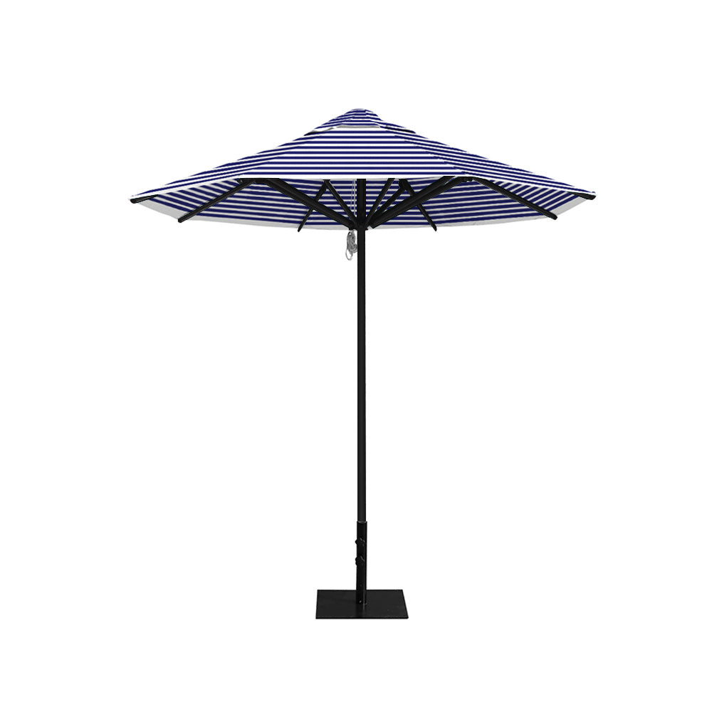 8' Saville octagonal outdoor umbrella from Extreme Canopy with blue stripe canopy, durable black frame, and 26 lb steel base for stability.