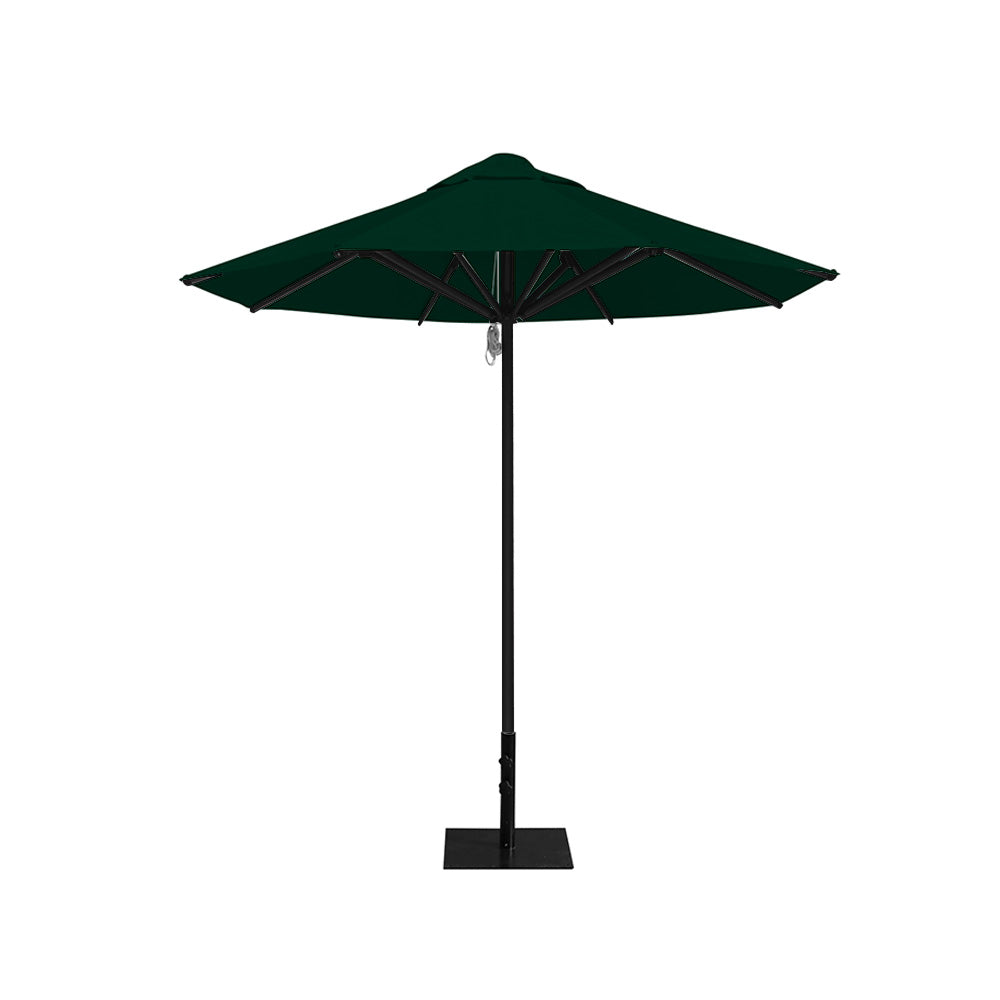 8' Saville octagonal outdoor umbrella from Extreme Canopy with forest green canopy, durable black frame, and 26 lb steel base for stability.