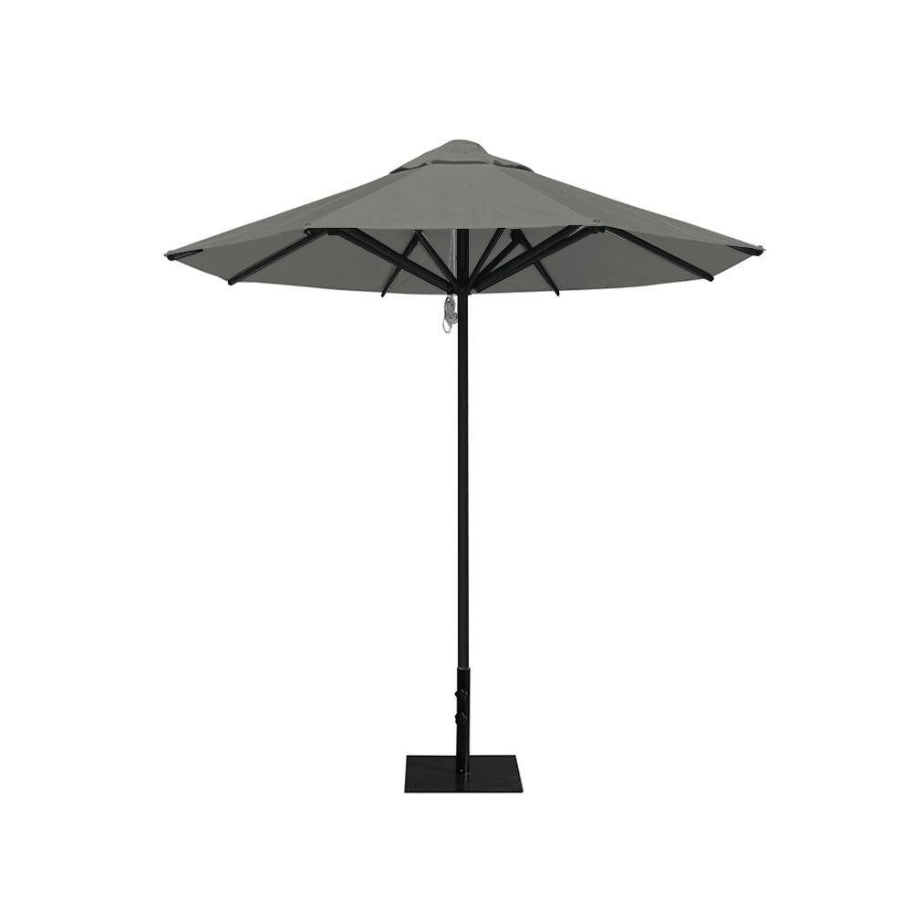 8' Saville octagonal outdoor umbrella from Extreme Canopy with gray canopy, durable black frame, and 26 lb steel base for stability.