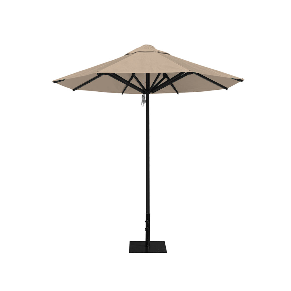 8' Saville octagonal outdoor umbrella from Extreme Canopy with a linen fabric canopy, durable black frame, and 26 lb steel base for stability.