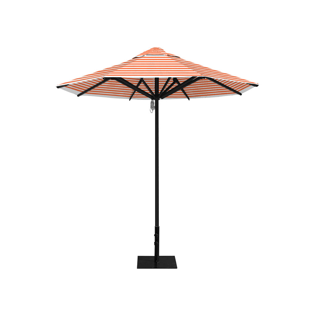 8' Saville octagonal outdoor umbrella from Extreme Canopy with orange stripe canopy, durable black frame, and 26 lb steel base for stability.