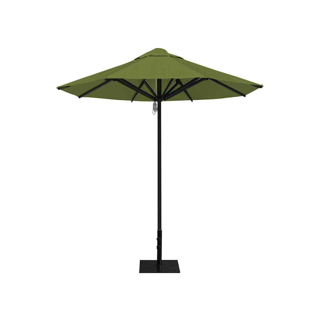 8' Saville octagonal outdoor umbrella from Extreme Canopy with pistachio canopy, durable black frame, and 26 lb steel base for stability.