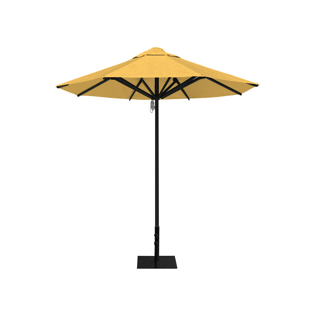 8' Saville octagonal outdoor umbrella from Extreme Canopy with sunflower canopy, durable black frame, and 26 lb steel base for stability.