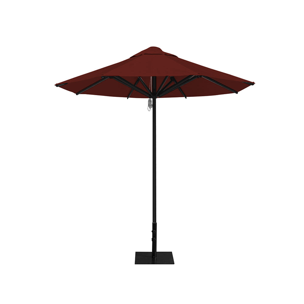 8' Saville octagonal outdoor umbrella from Extreme Canopy with terracotta canopy, durable black frame, and 26 lb steel base for stability.