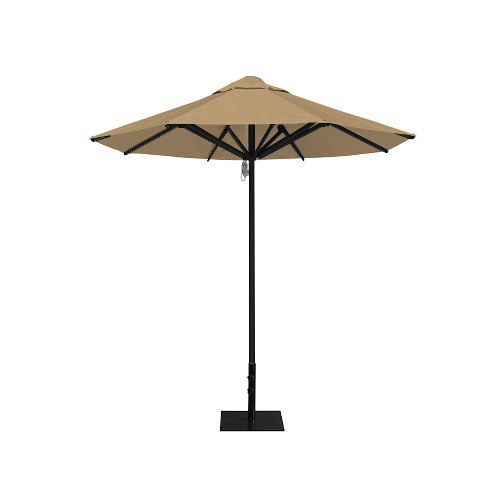 8' Saville octagonal outdoor umbrella from Extreme Canopy with toast canopy, durable black frame, and 26 lb steel base for stability.