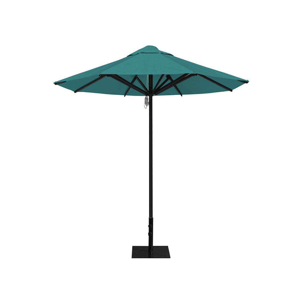 8' Saville octagonal outdoor umbrella from Extreme Canopy with turquoise canopy, durable black frame, and 26 lb steel base for stability.