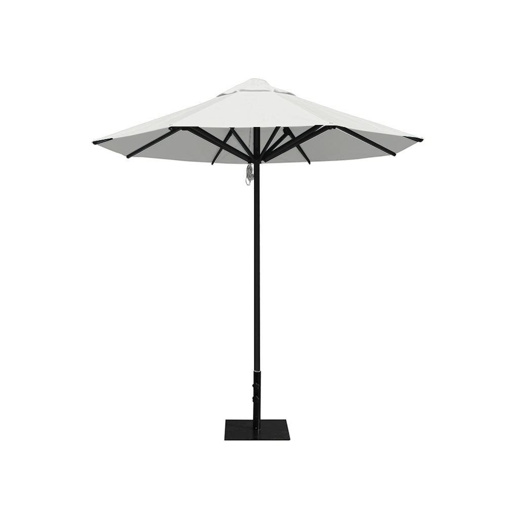 8' Saville octagonal outdoor umbrella from Extreme Canopy with a white fabric canopy, durable black frame, and 26 lb steel base for stability.