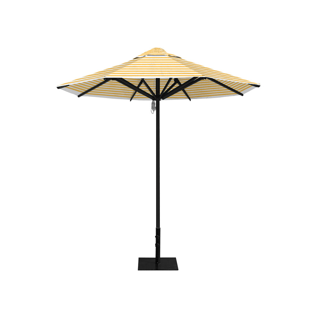8' Saville octagonal outdoor umbrella from Extreme Canopy with yellow stripe canopy, durable black frame, and 26 lb steel base for stability.