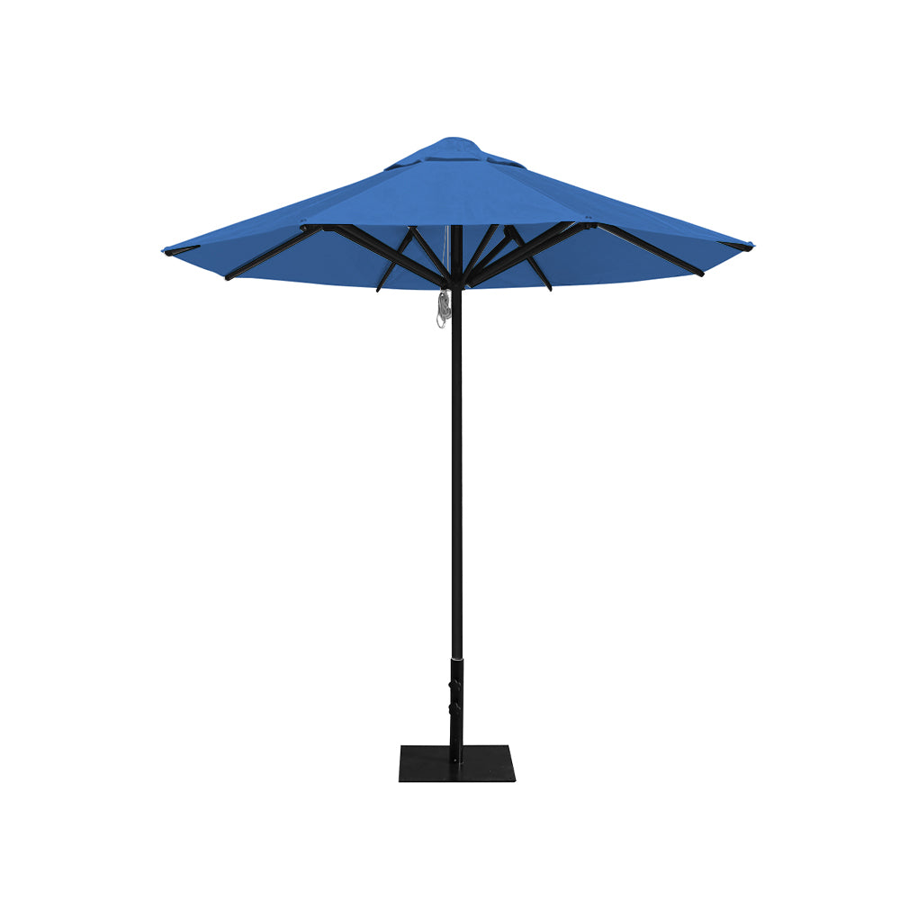 8' Saville octagonal outdoor umbrella from Extreme Canopy with capri blue canopy, durable black frame, and 26 lb steel base for stability.