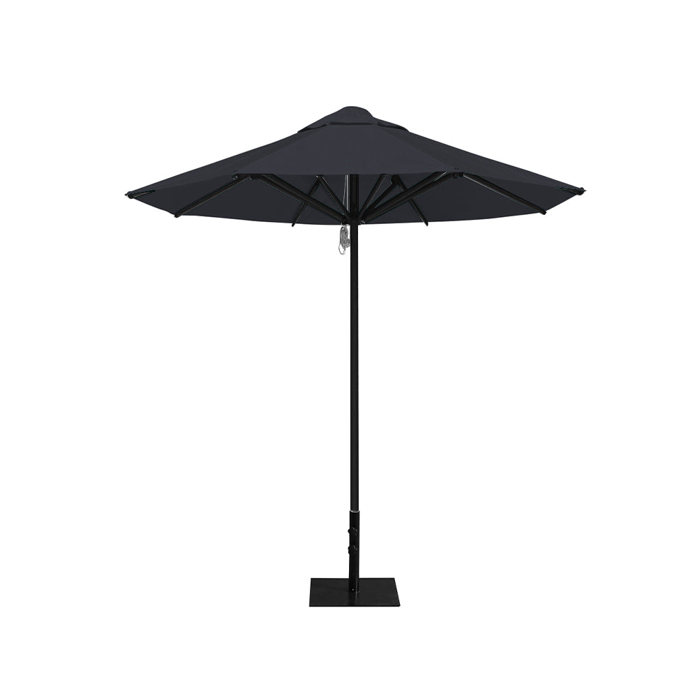 8' Saville octagonal outdoor umbrella from Extreme Canopy with charcoal canopy, durable black frame, and 26 lb steel base for stability.
