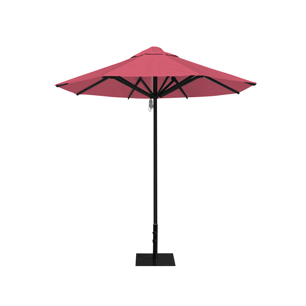8' Saville octagonal outdoor umbrella from Extreme Canopy with coral canopy, durable black frame, and 26 lb steel base for stability.