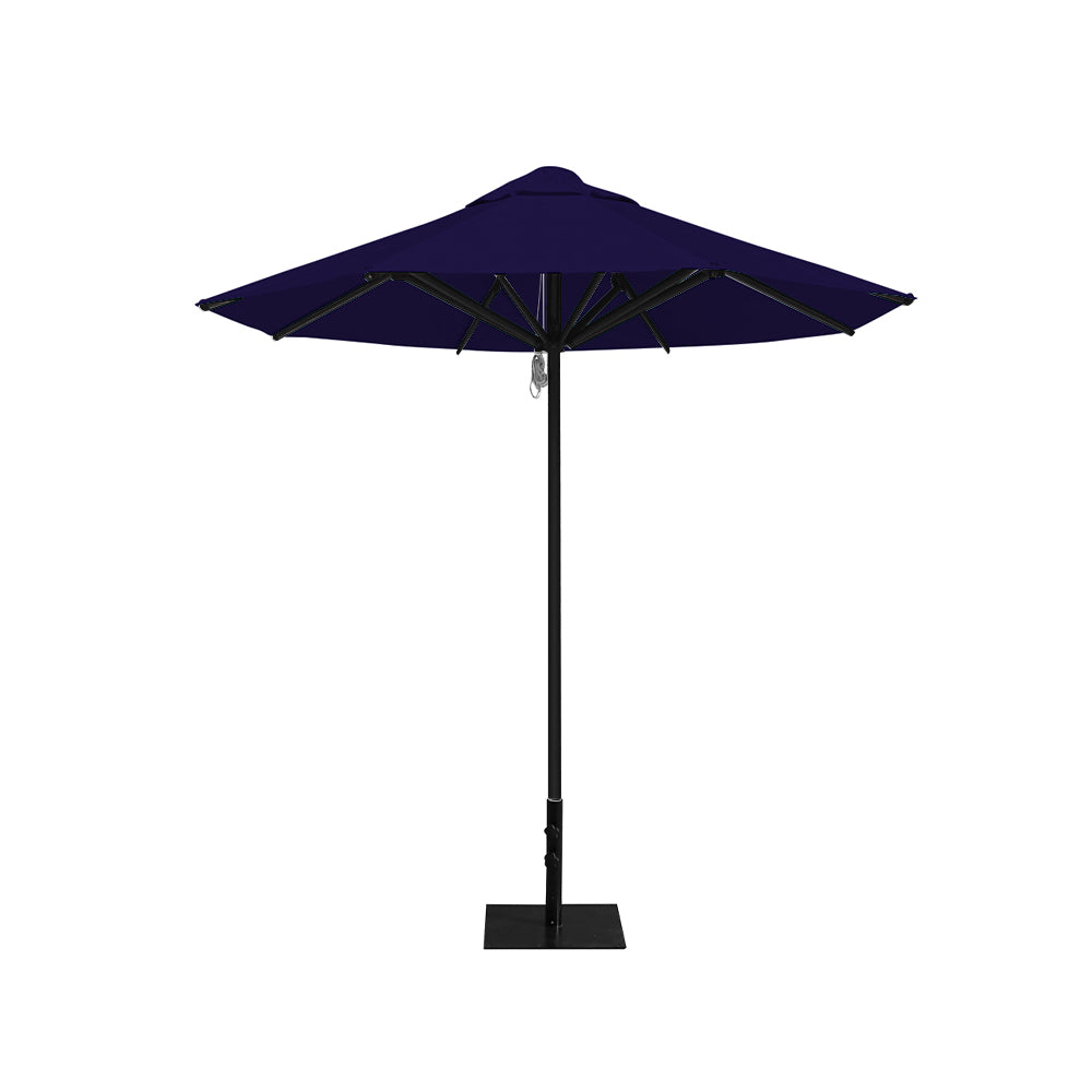 8' Saville octagonal outdoor umbrella from Extreme Canopy with navy canopy, durable black frame, and 26 lb steel base for stability.