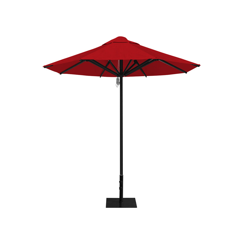 8' Saville octagonal outdoor umbrella from Extreme Canopy with red canopy, durable black frame, and 26 lb steel base for stability.