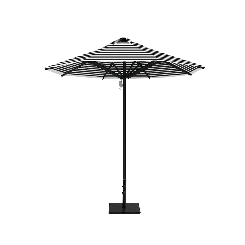 8' Saville octagonal outdoor umbrella from Extreme Canopy with black stripe canopy, durable black frame, and 50lb steel base for stability.