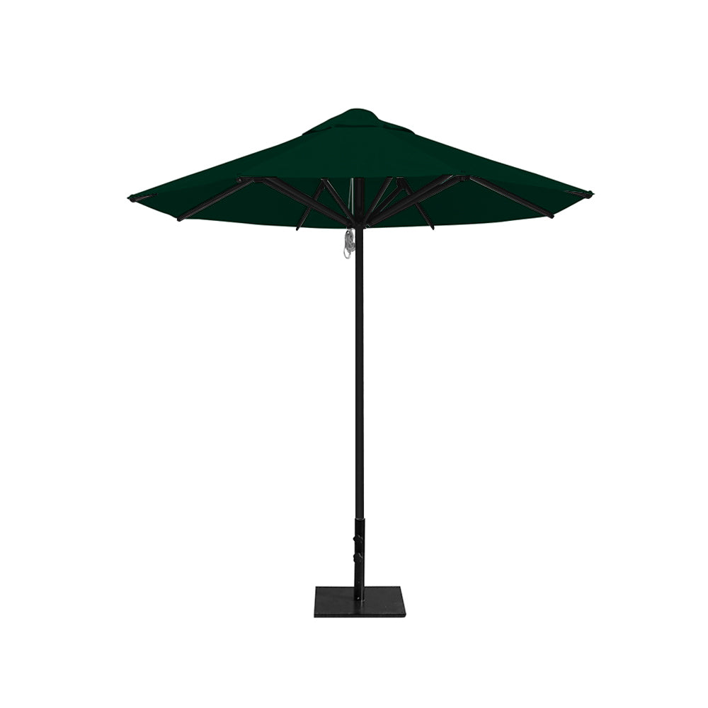 8' Saville octagonal outdoor umbrella from Extreme Canopy with forest green canopy, durable black frame, and 50lb steel base for stability.