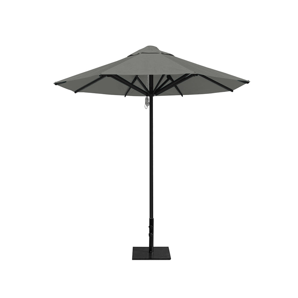 8' Saville octagonal outdoor umbrella from Extreme Canopy with gray canopy, durable black frame, and 50 lb steel base for stability.