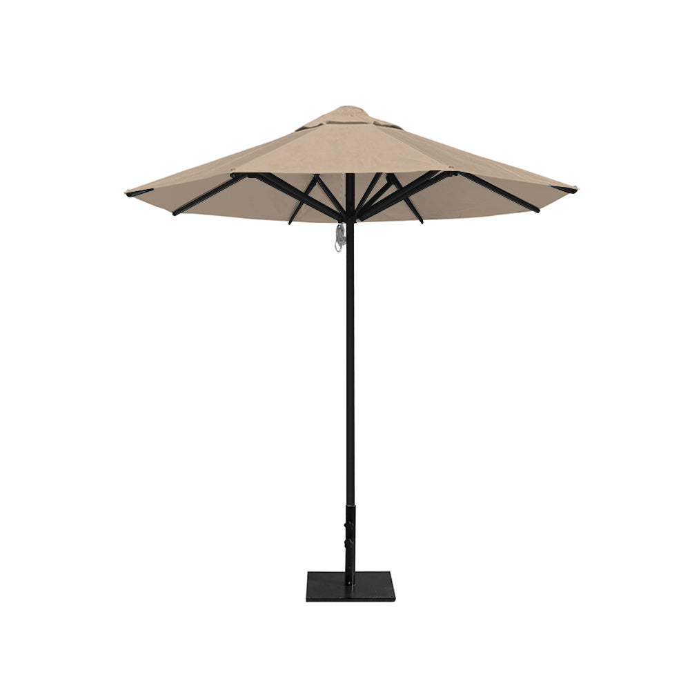 8' Saville octagonal outdoor umbrella from Extreme Canopy with linen canopy, durable black frame, and 50 lb steel base for stability.
