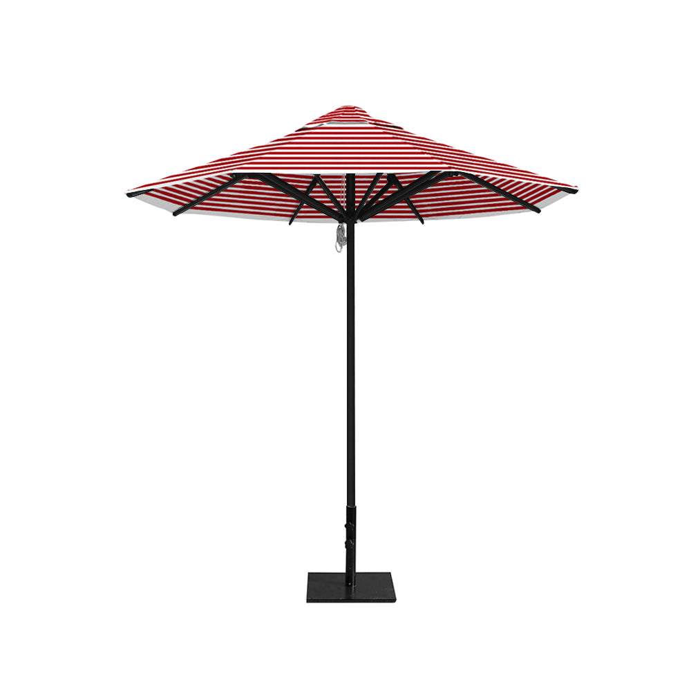 8' Saville octagonal outdoor umbrella from Extreme Canopy with red stripe canopy, durable black frame, and 50lb steel base for stability.