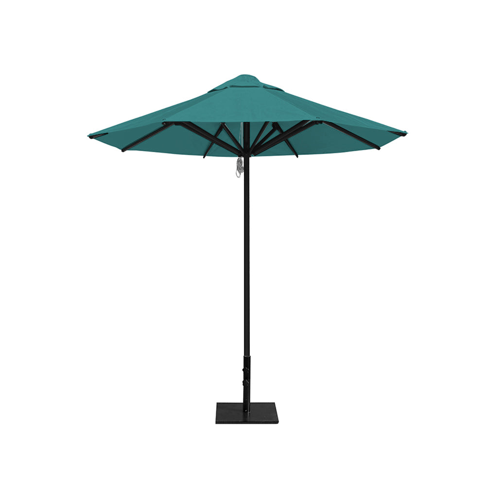 8' Saville octagonal outdoor umbrella from Extreme Canopy with turquoise canopy, durable black frame, and 50lb steel base for stability.
