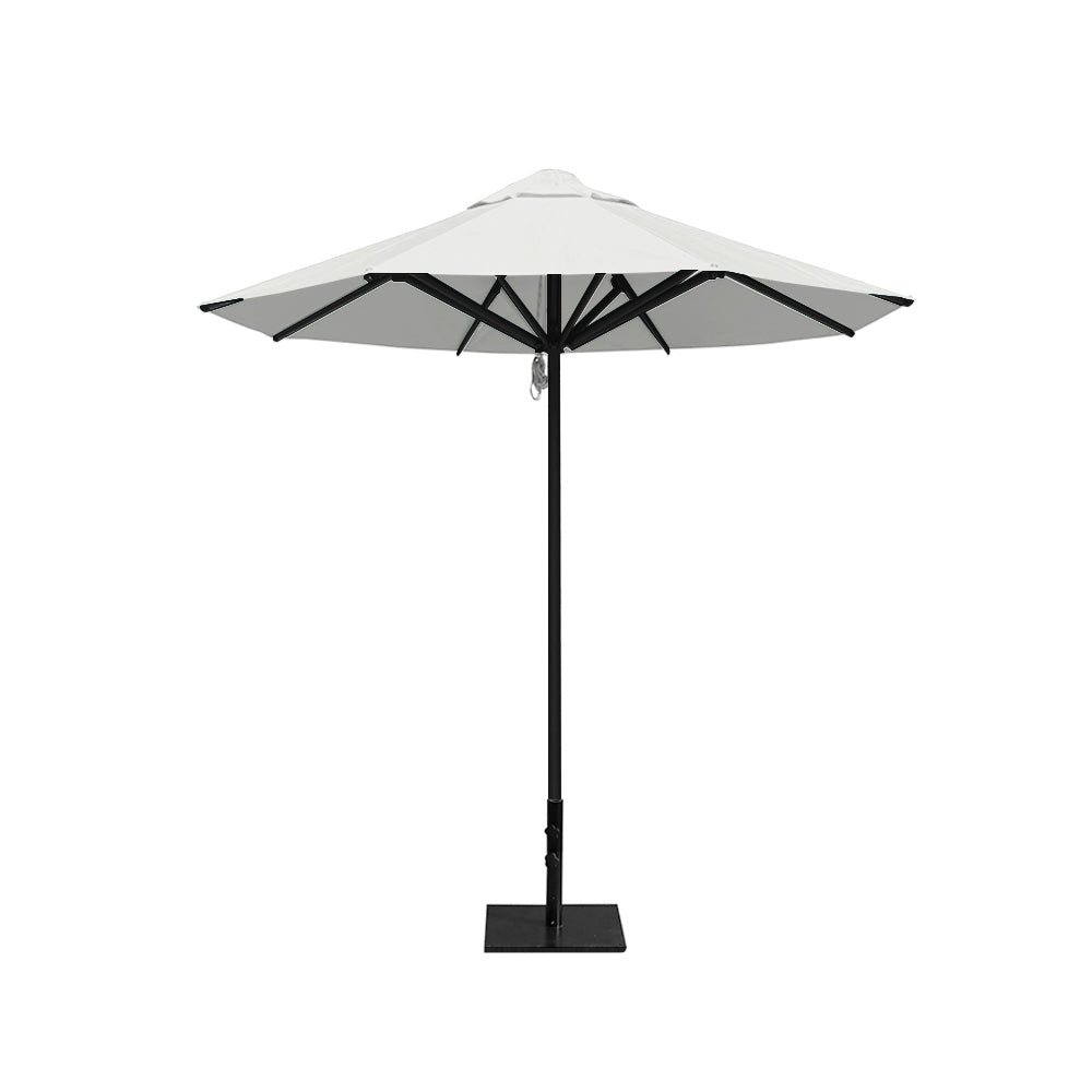 8' Saville octagonal outdoor umbrella from Extreme Canopy with white canopy, durable black frame, and 50 lb steel base for stability.