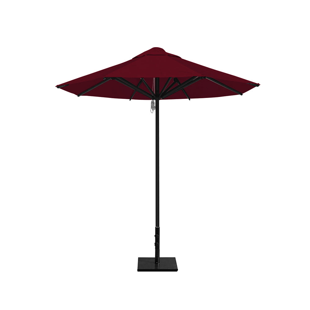 8' Saville octagonal outdoor umbrella from Extreme Canopy with burgundy canopy, durable black frame, and 50 lb steel base for stability.