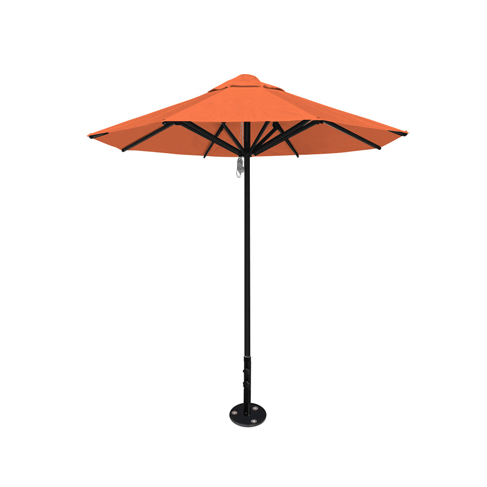 8' Saville octagonal outdoor umbrella from Extreme Canopy with orange canopy, durable black frame, and inground base.