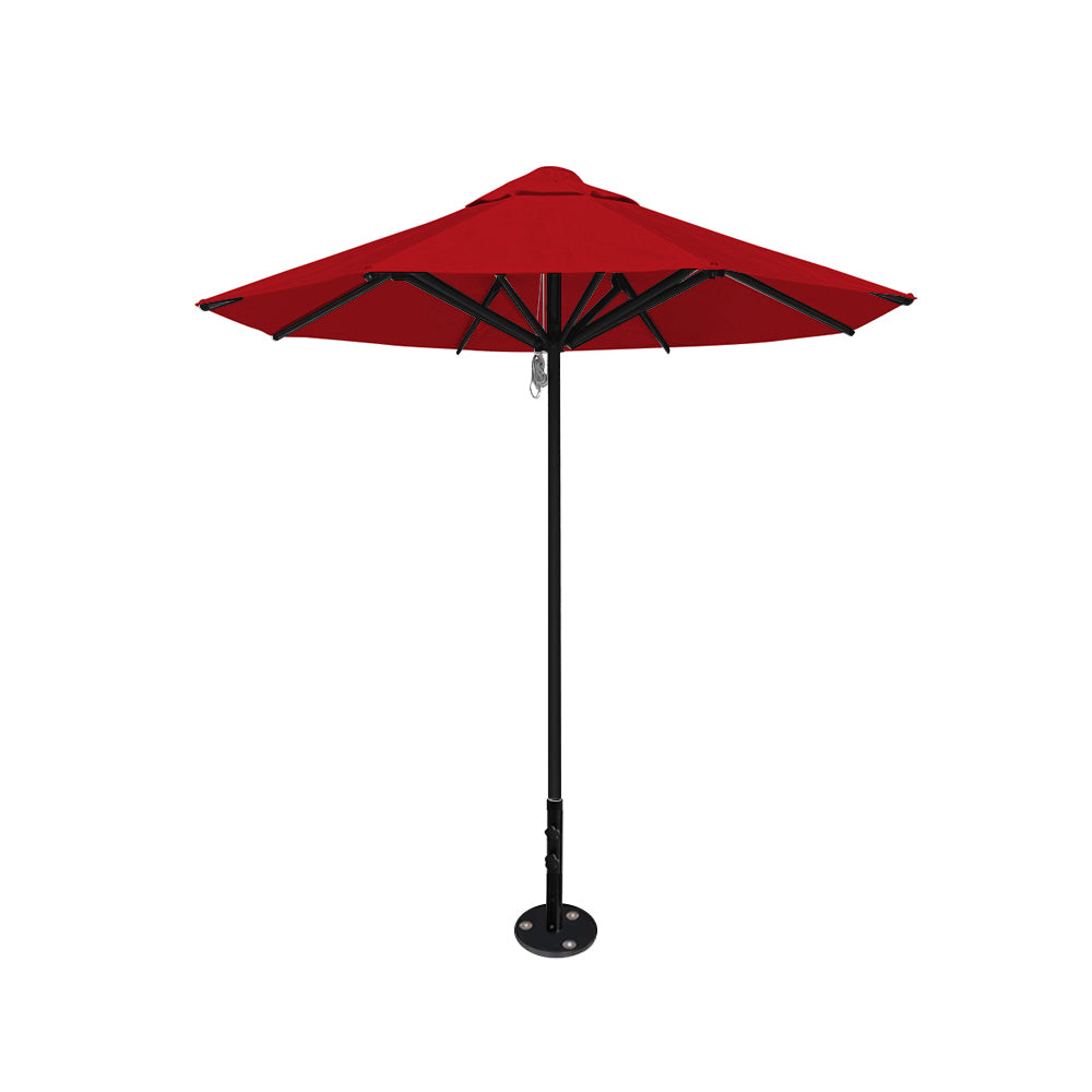 8' Saville octagonal outdoor umbrella from Extreme Canopy with red canopy, durable black frame, and inground base.