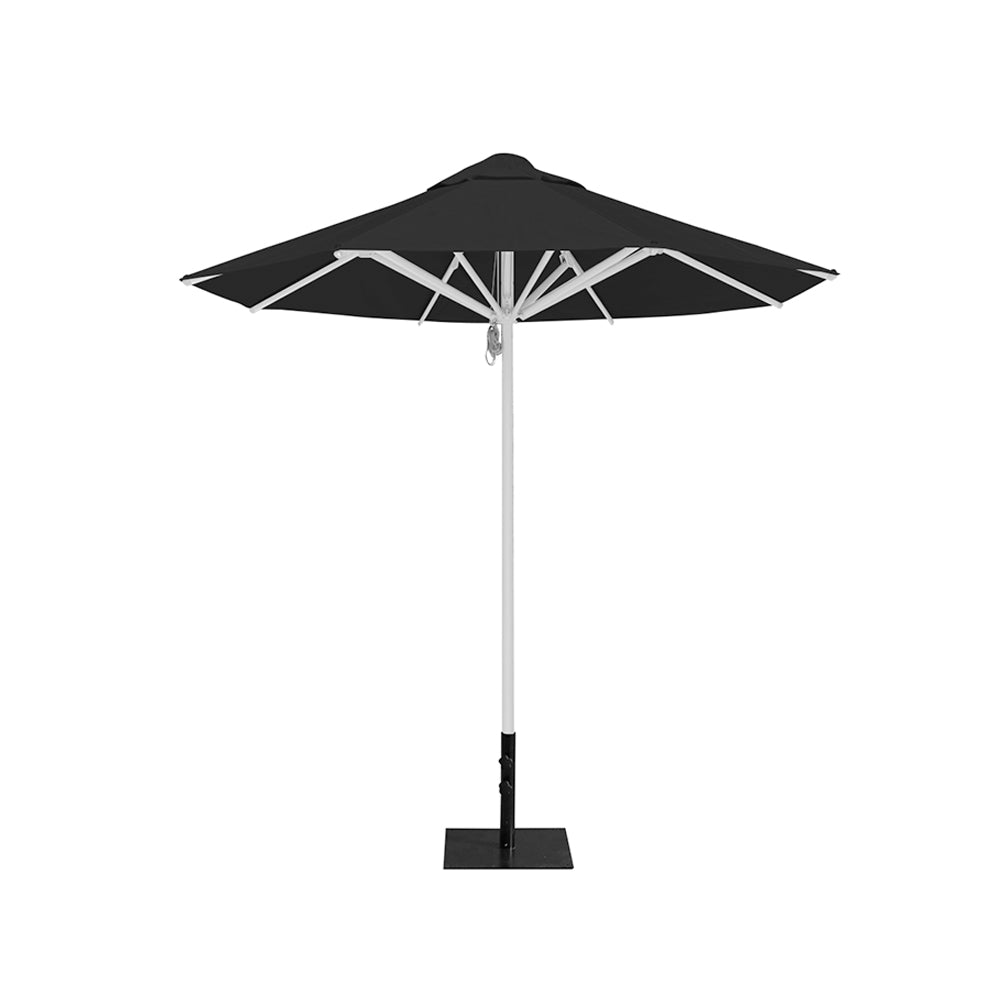 8' Saville octagonal outdoor umbrella from Extreme Canopy with black canopy, durable silver frame, and 26lb base plate for stability.