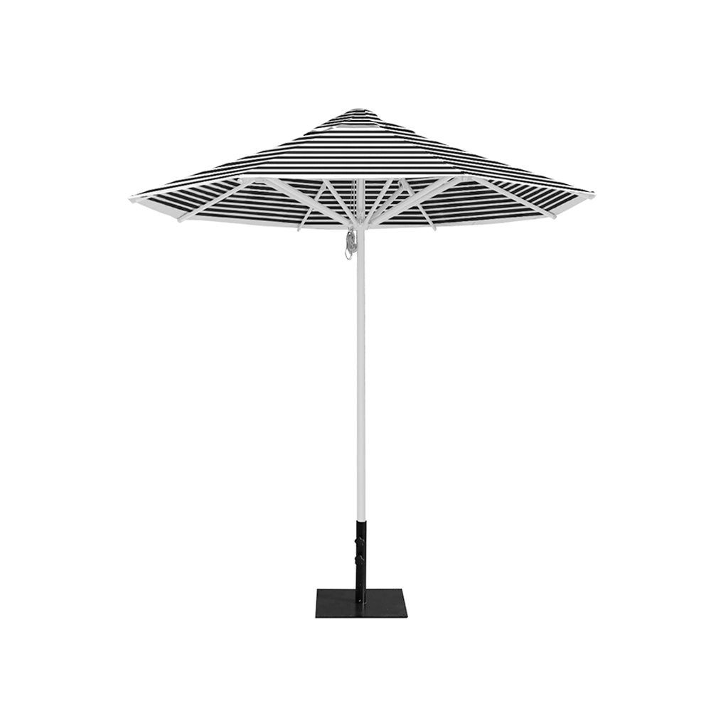8' Saville octagonal outdoor umbrella from Extreme Canopy with black stripe canopy, durable silver frame, and 26lb base plate for stability.