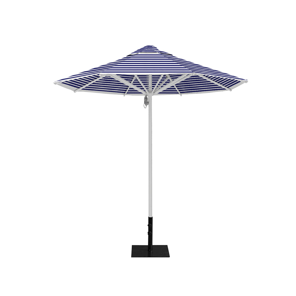 8' Saville octagonal outdoor umbrella from Extreme Canopy with blue stripe canopy, durable silver frame, and 26lb base plate for stability.