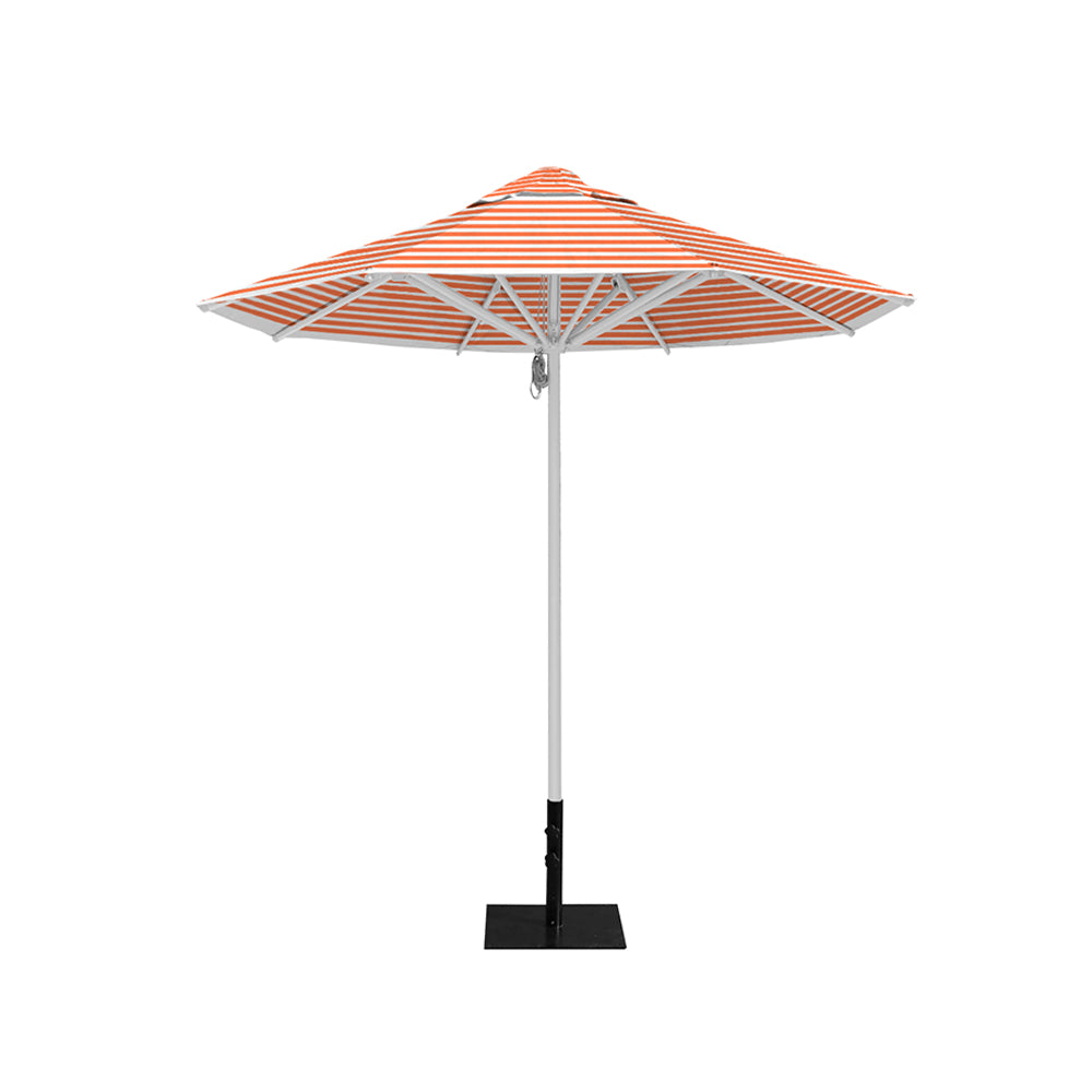 8' Saville octagonal outdoor umbrella from Extreme Canopy with orange stripe canopy, durable silver frame, and 26lb base plate for stability.