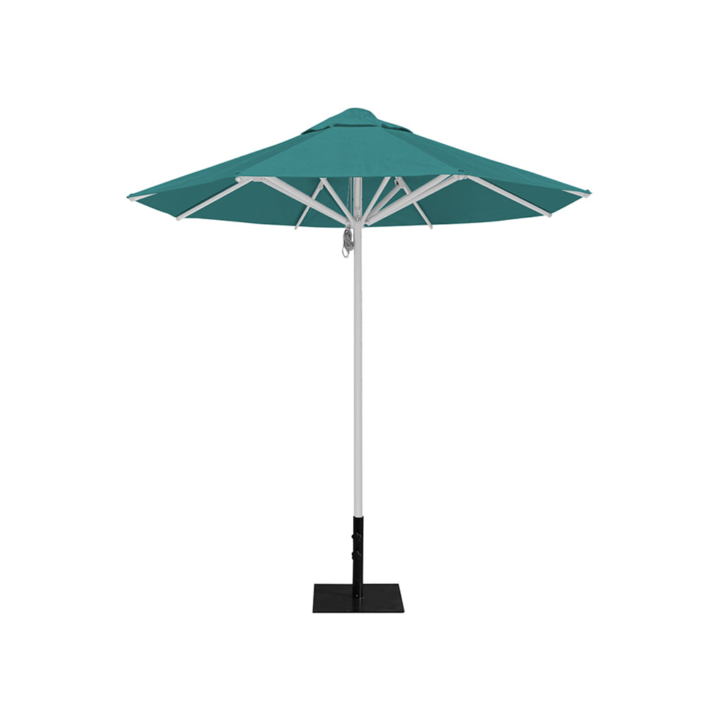 8' Saville octagonal outdoor umbrella from Extreme Canopy with turquoise canopy, durable silver frame, and 26lb base plate for stability.