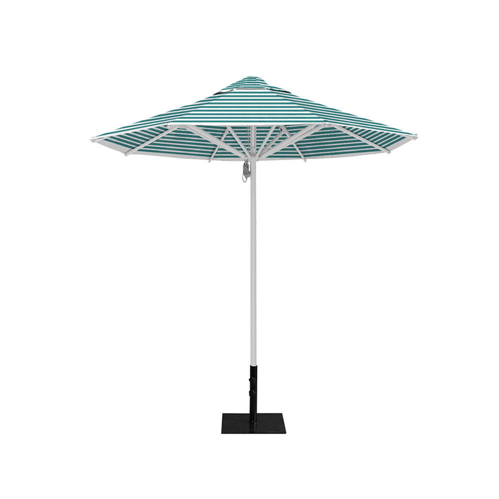 8' Saville octagonal outdoor umbrella from Extreme Canopy with turquoise stripe canopy, durable silver frame, and 26lb base plate for stability.