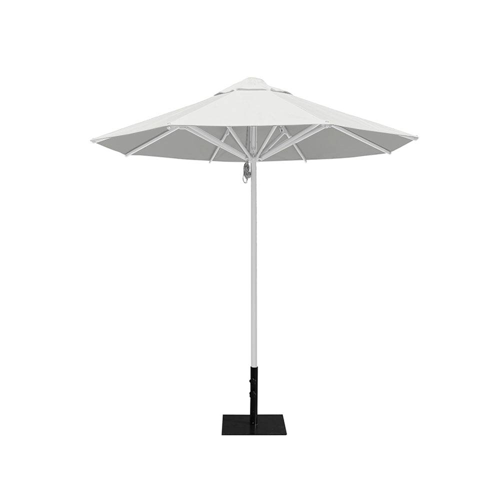 8' Saville octagonal outdoor umbrella from Extreme Canopy with white canopy, durable silver frame, and 26lb base plate for stability.