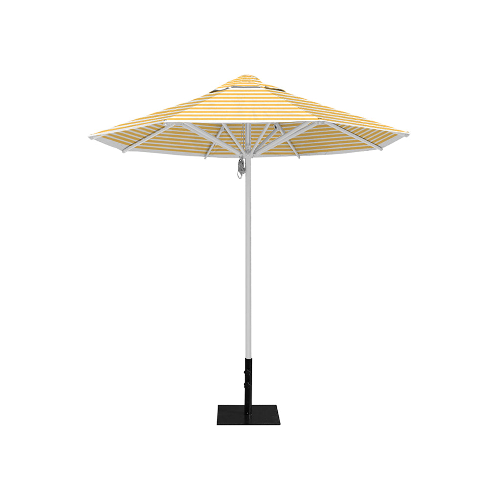8' Saville octagonal outdoor umbrella from Extreme Canopy with yellow stripe canopy, durable silver frame, and 26lb base plate for stability.