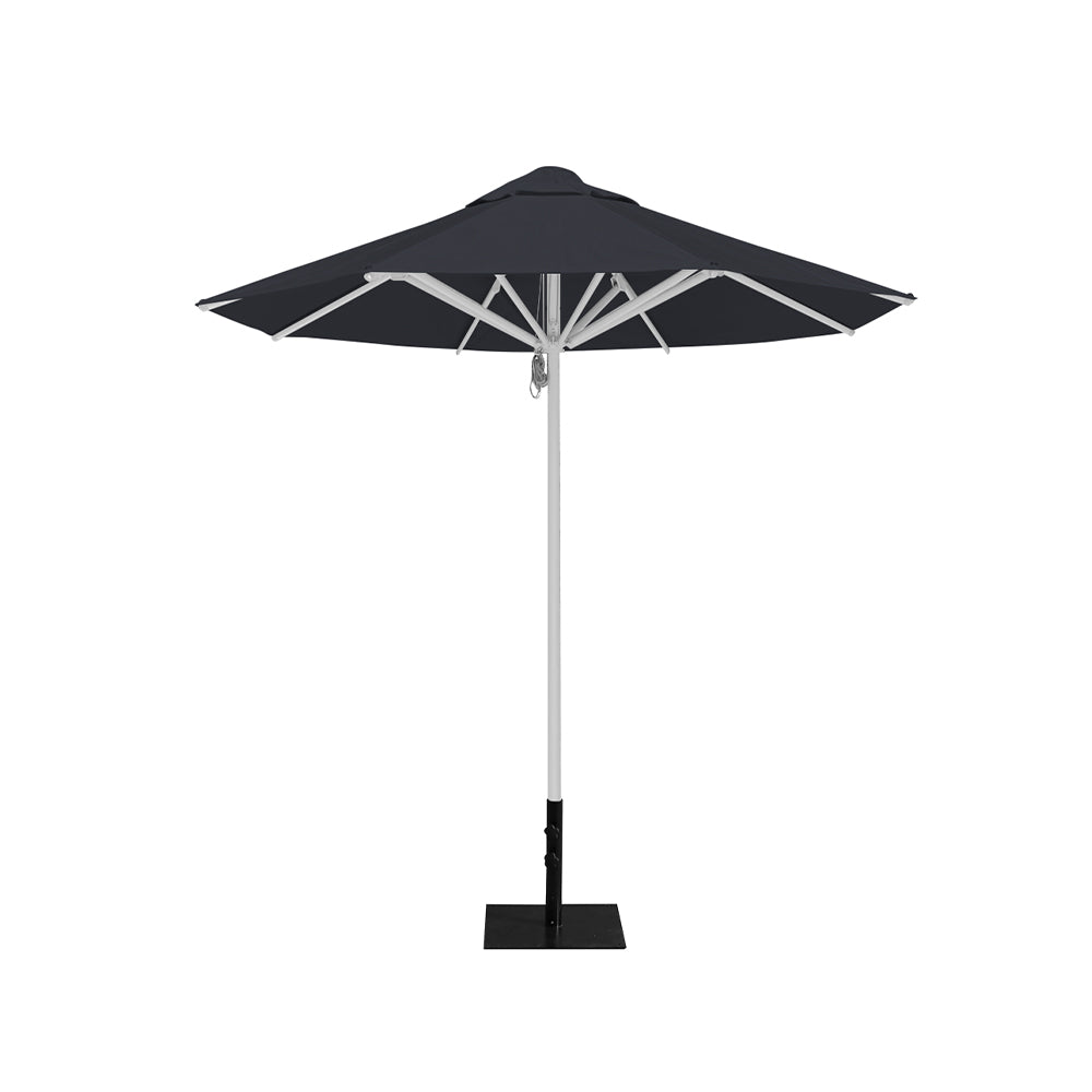 8' Saville octagonal outdoor umbrella from Extreme Canopy with charcoal canopy, durable silver frame, and 26lb base plate for stability.