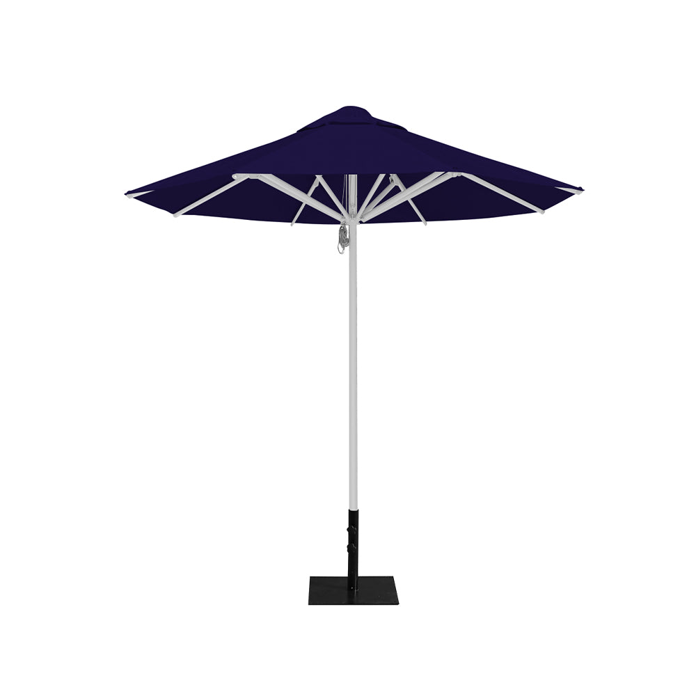 8' Saville octagonal outdoor umbrella from Extreme Canopy with navy canopy, durable silver frame, and 26lb base plate for stability.