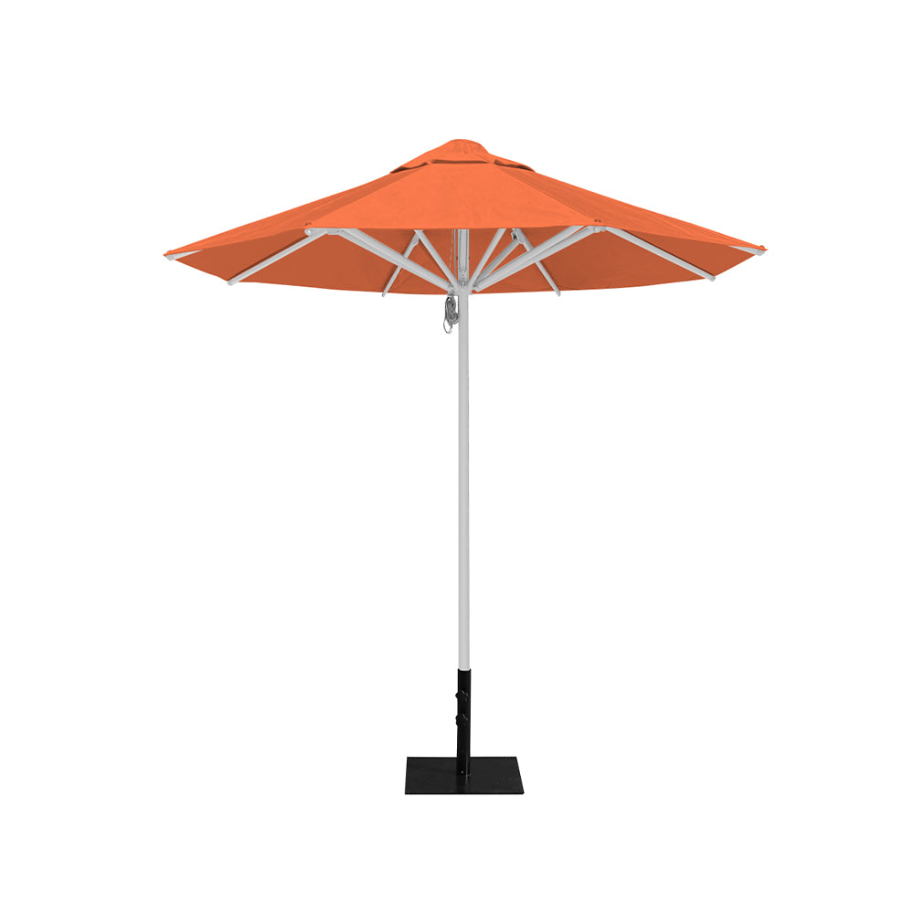 8' Saville octagonal outdoor umbrella from Extreme Canopy with orange canopy, durable silver frame, and 26lb base plate for stability.