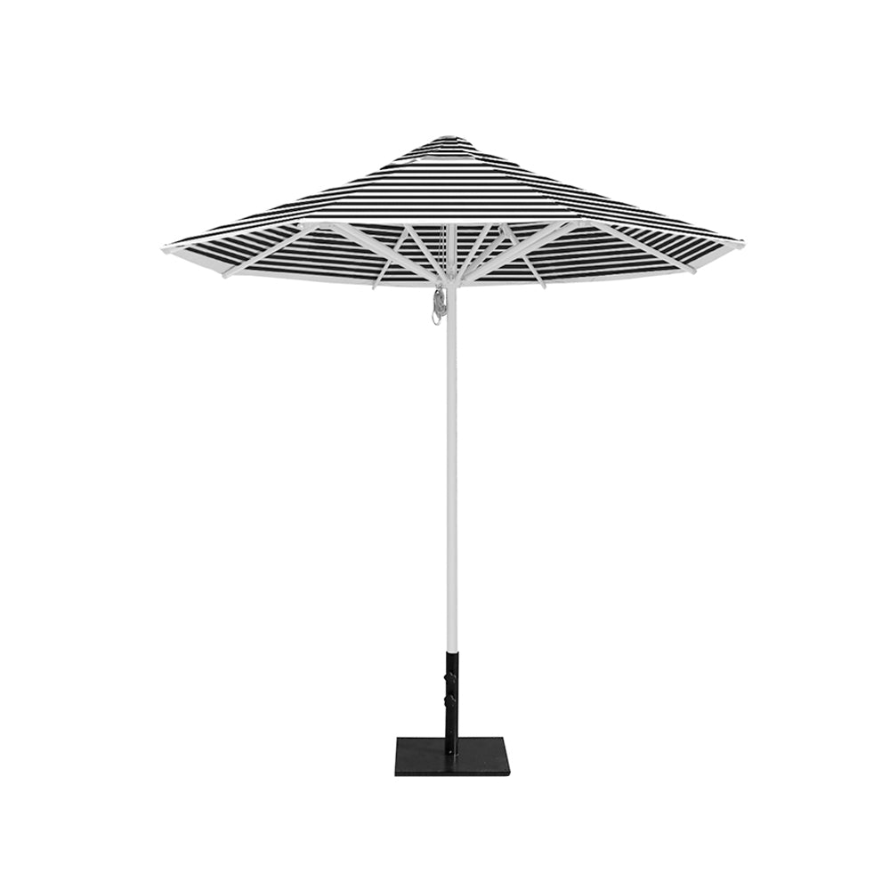 8' Saville octagonal outdoor umbrella from Extreme Canopy with black stripe canopy, durable silver frame, and 50lb steel base for stability.