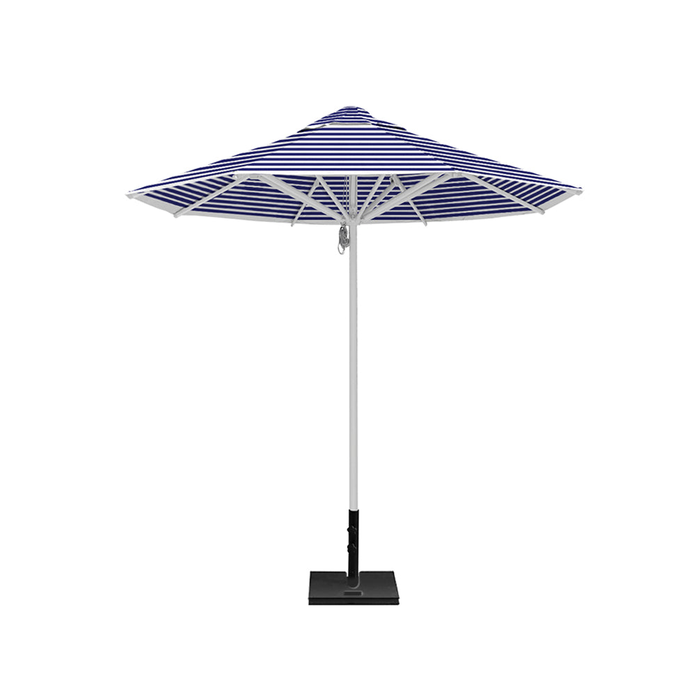 8' Saville octagonal outdoor umbrella from Extreme Canopy with blue stripe canopy, durable silver frame, and 50lb steel base for stability.