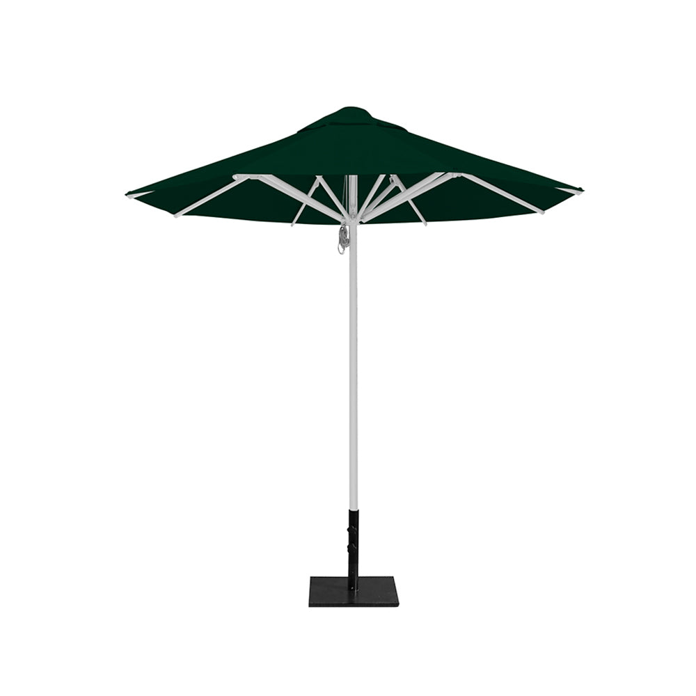 8' Saville octagonal outdoor umbrella from Extreme Canopy with forest green canopy, durable silver frame, and 50lb steel base for stability.