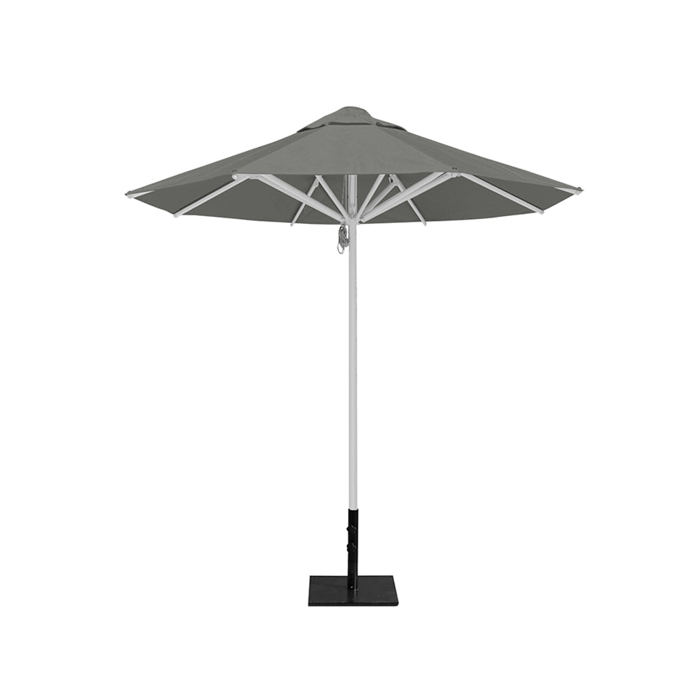 8' Saville octagonal outdoor umbrella from Extreme Canopy with gray canopy, durable silver frame, and 50lb steel base for stability.