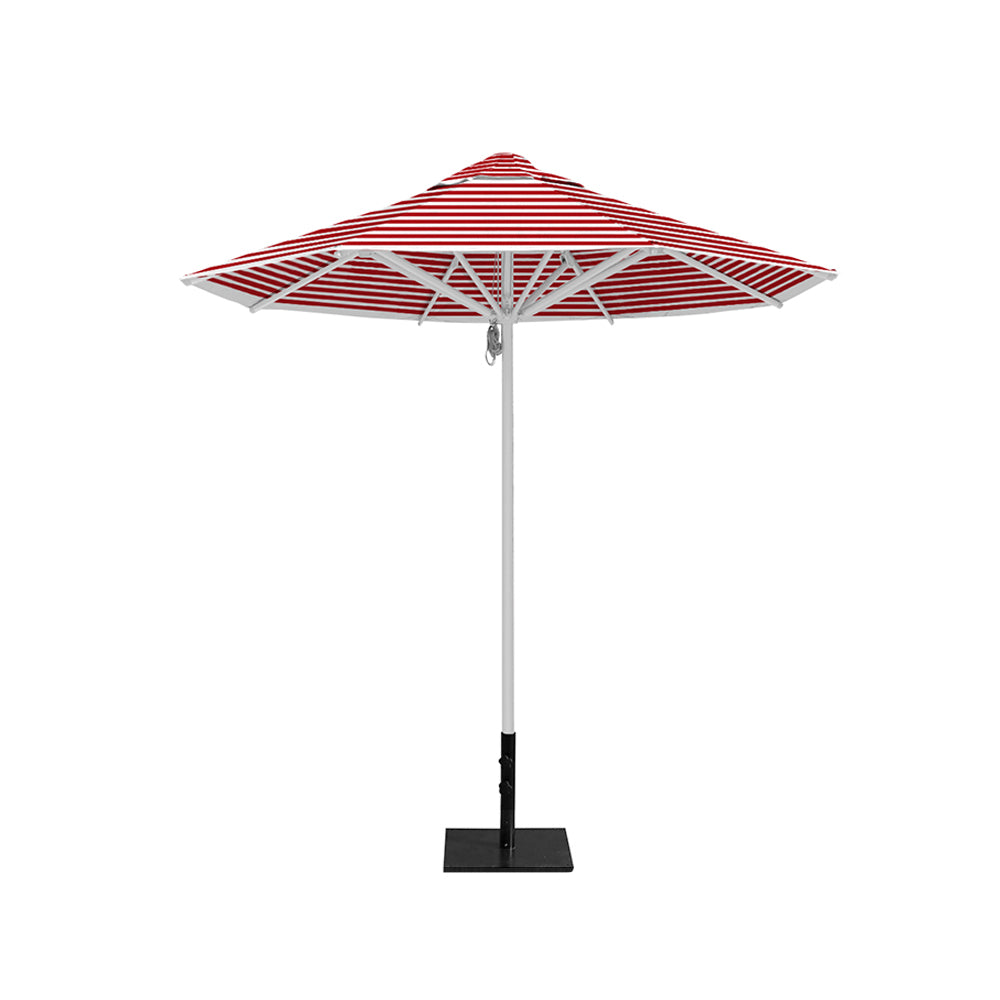 8' Saville octagonal outdoor umbrella from Extreme Canopy with red stripe canopy, durable silver frame, and 50lb steel base for stability.