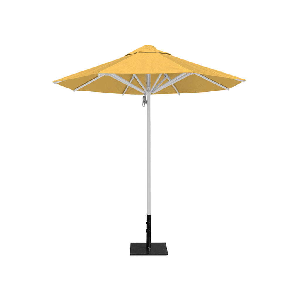 8' Saville octagonal outdoor umbrella from Extreme Canopy with sunflower canopy, durable silver frame, and 50lb steel base for stability.