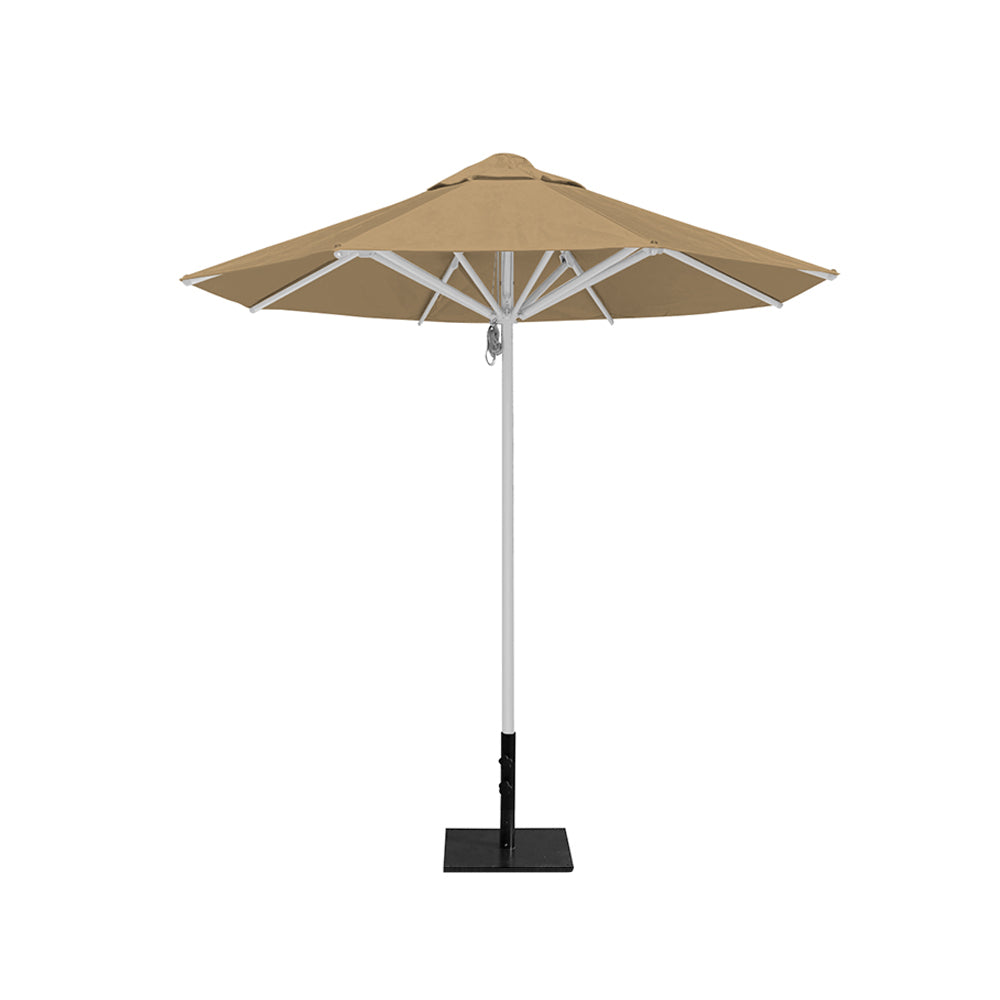 8' Saville octagonal outdoor umbrella from Extreme Canopy with toast canopy, durable silver frame, and 50lb steel base for stability.