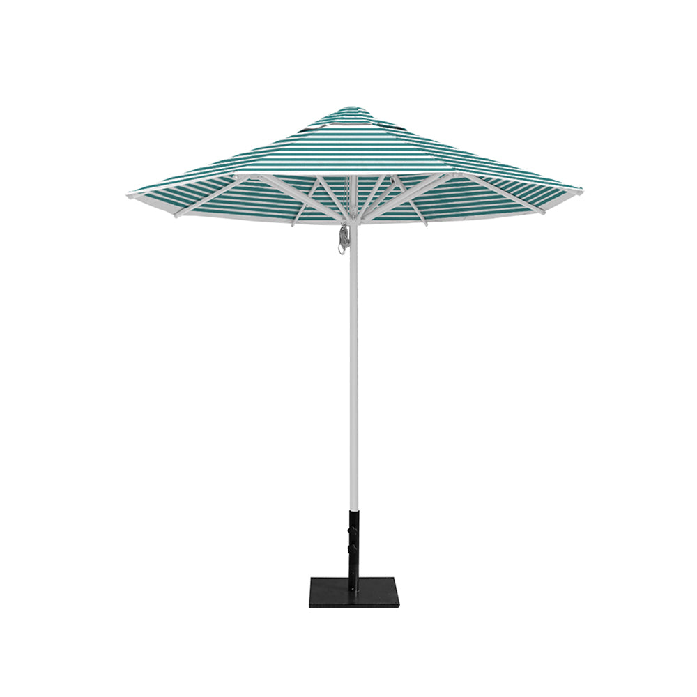 8' Saville octagonal outdoor umbrella from Extreme Canopy with turquoise stripe canopy, durable silver frame, and 50lb steel base for stability.