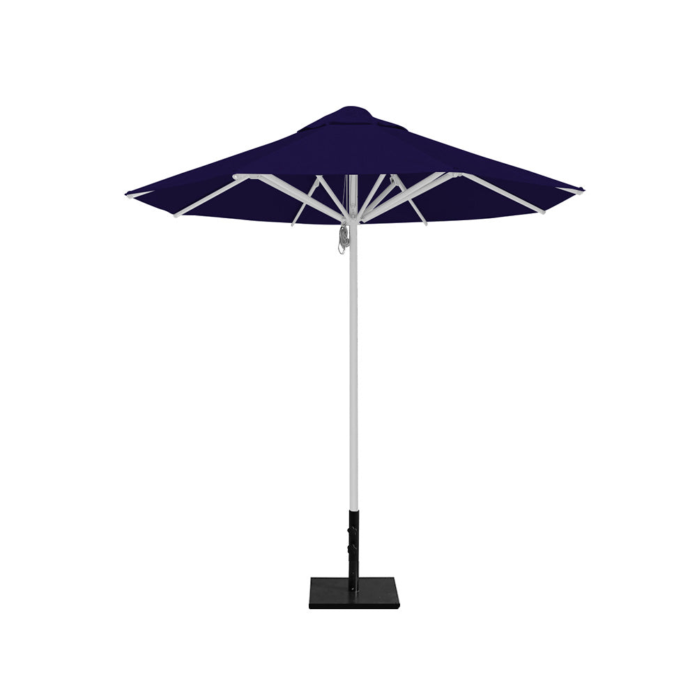 8' Saville octagonal outdoor umbrella from Extreme Canopy with navy canopy, durable silver frame, and 50lb steel base for stability.