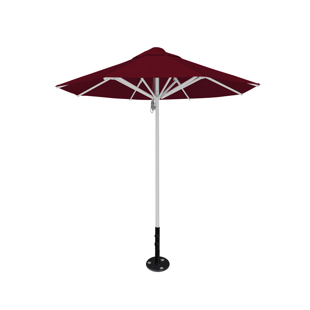 8' Saville octagonal outdoor umbrella from Extreme Canopy with burgundy canopy, durable silver frame, and inground base.