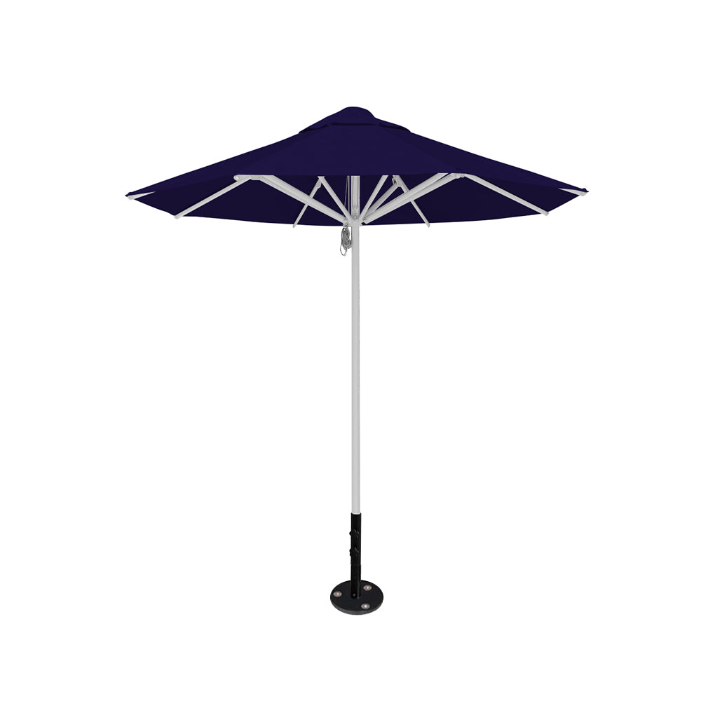 8' Saville octagonal outdoor umbrella from Extreme Canopy with navy canopy, durable silver frame, and inground base.